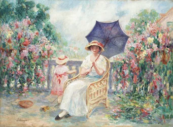 Ung jente og barn på en terrasse, 1914-15