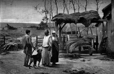 Bibelscene: "Jakob ved Laban." Gravering etter maleriet av Henry Lerolle Henry (1848-1929). I "" The Illustrous World"" nr. 1192 av 31. januar