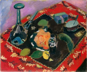 Retter og frukt på et rødt og svart teppe (Le Tapis Rouge)