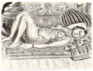 Liggende naken på en brasero, ca. 1926–1927 (penn og tusj på papir)