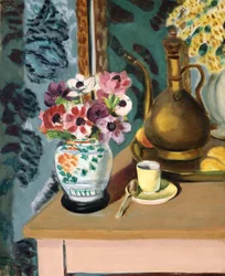 Stilleben, blomster og en kopp