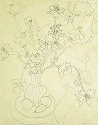 Studie for anemoner og kvinne, harmoni i blått