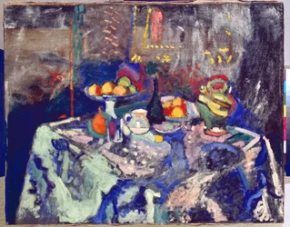 Vase, flaske og frukt, ca. 1906 (olje på lerret)