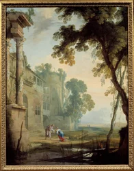 Landskap består: en kvinne en gammel mann og et barn i et landskap av romerske ruiner med dam. Maleri av Henri Mauperche (1602-1688)