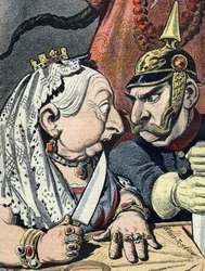 Karikatur av dronning Victoria og karikatur av Wilhelm II av Tyskland 16. januar 1898, detalj fra tegneserien om Kinas imperialisme (beskåret)