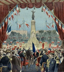 Felix Faure innvier monumentet som markerer hundreårsjubileet for Nices gjenforening med Frankrike i 1896 (gravering)