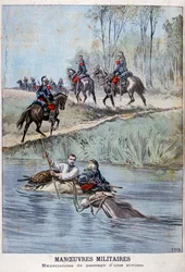 Franske militærmanøvrer, som forser en elv, 1898
