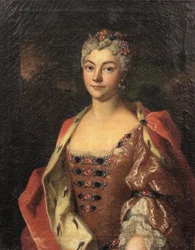Portrett av en adelskvinne, halvlang, i en rosa kjole og en hermelinbesatt kappe