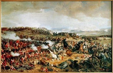 Slaget ved Waterloo 1815 - Franske cuirassierer angriper skotske høylandere på torget … (maleri på lerret)