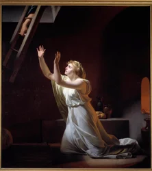 En vestalinnes straff. En vestalinne, en romersk prestinne bundet til kyskhet, begraves levende i en kjeller for sin forseelse. Maleri av Henri-Pierre Danloux (1753-1809), 1790, 1,6 x 1,45 m