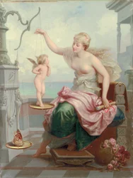 Veier Cupid mot en sommerfugl