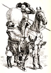 Don Quixote på hesten sin, ved siden av Sancho på eselet sitt