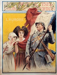 Daggryet: propagandaplakat under første verdenskrig med to kvinner som representerer Alsace og Lorraine (Alsace-Lorraine)
