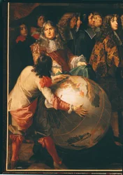 Jean-Baptiste Colbert (1619-83) Presenterer medlemmene av Royal Academy of Science til Louis XIV (1638-1715) detalj på venstre side, ca. 1667 (detalj av 104626)
