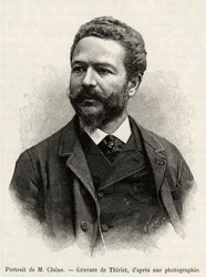 Portrett av Jules Claine (1856-1939), oppdagelsesreisende og diplomat, forfatter av historien. Gravering av Thiriat for å illustrere historien "" ett år i Malaysia", av Jules Claine (1856-1939)