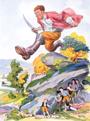 The Ogre på jakt etter Tom Thumb og brødrene hans, illustrasjon for et Perrault-eventyr 