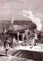 Den gigantiske kanonen på øya Malta, kunstverk, "Fra jorden til månen" av Jules Verne