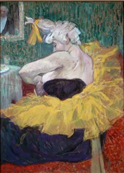 Cha-U-Kao i garderoben. Klovnen Cha U Kao i gul tutu i garderoben hennes på Moulin Rouge i Paris. Maleri av Henri de Toulouse-Lautrec (Toulouse Lautrec