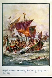 Alfreds galeier angriper vikingenes drageskip, 897 e.Kr., illustrasjon fra «Hutchison