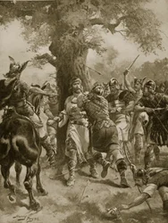 Sankt Edmund drept ved danskene, 870 e.Kr., illustrasjon fra «Hutchinsons historie om den britiske nasjonen», ca. 1920