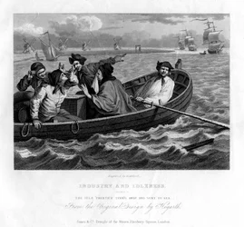 Den ledige lærlingen vendte seg bort og ble sendt til sjøs, plate V of Industry and Idleness, 1833.