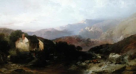 Utsikt i Nord-Wales med Overshot Mill, storfe og sau (olje på lerret)
