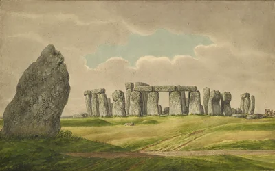 Stonehenge fra N.E., viser ruiner og hælstein med vogn, hest, person, 1824-1839
