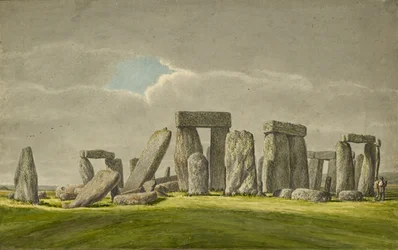 Stonehenge fra S.E., viser steiner i ødelagt tilstand med 2 besøkende, 1824-1839