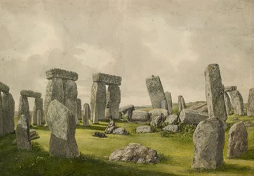 Interiøret til Stonehenge i sin nåværende tilstand, viser interiør av steiner, mann og hund, 1824-1839