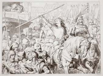 How Hereward turned Berserker, illustrasjon fra Hereward the Great av Charles Kingsley, pub. 1870, gravert av C.G. Lewis (gravering av stålplater)
