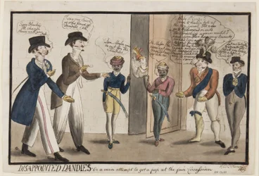 Skuffede Dandies: Eller et forgjeves forsøk på å få et pip på messen Circassian, 1819 (penn, pensel, blekk og wc på papir)