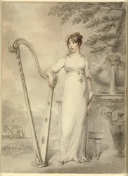 Portrett i full lengde av "Miss V. Dupuis" som hviler armen på en harpe. I bakgrunnen en fontene og et landskap med hjort
