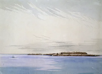 Gamle Mackinaw, med det franske fortet, 1842 (wc på papir)
