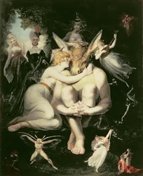Titania våkner, omgitt av tjenende feer, og klamrer seg henrykt til Bottom, som fortsatt bærer eselhodet, 1793-4