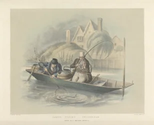 Barbel Fishing, Twickenham, fra et sett med seks bilder av Angling (håndfarget litho)
