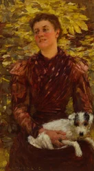 Ung jente med en hund (olje på lerret)