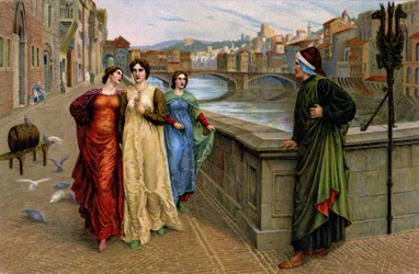 Dante Alighieri møter musen sin Beatrice Portinari i Firenze, ca. 1890 (trykk)