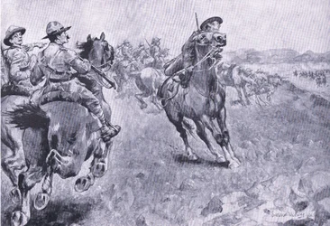Kappløpet om kommandoen over Philips Town Road, fra After Pretoria: The Guerilla War utgitt av Harmsworth Bros Limited, 1901