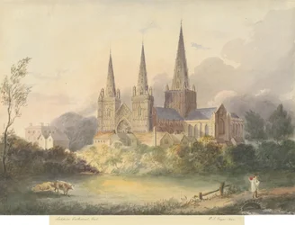 Lichfield Cathedral - West View: vannfargemaleri, 1844