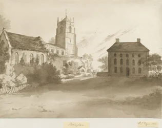 Pattingham Church and Vicarage House: sepia vasketegning, 1844