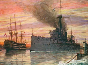 I Portsmouth havn i 1909, «Dreadnought» og «Victory» (fargelitografi)