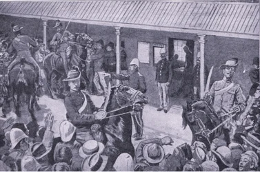 Kolonialforsterkninger for Sør-Afrika: Et rush av søkere til påmelding i Sydney, fra After Pretoria: The Guerilla War utgitt av Harmsworth Brothers Limited, 1901