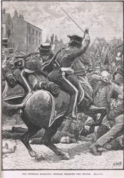 Peterloo-massakren med husarene som anklager folket, illustrasjon fra Cassells 