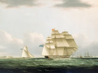 Yachten «Royal Sovereign» med hertuginnen av Clarence om bord, forlater Portsmouth for å se den besøkende russiske skvadronen ankret opp i Spithead, 8. august 1827, ca. 1830 (olje på lerret, ramme)