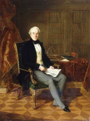 Portrett av Henry Pelham-Clinton, K.G., 4. hertug av Newcastle, holder et dokument, i hans studie, 1850