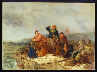 Fiskere på kai under en storm