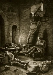 Ralph Flambards flukt fra Tower of London, illustrasjon fra «Hutchinsons historie om den britiske nasjonen», ca. 1920