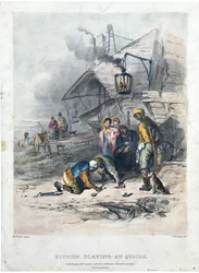 Gruvemenn som leker ved quoits, ca. 1837 (håndkolorert lito på papir)