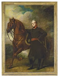 Portrett av Alexander Douglas-Hamilton, 10. hertug av Hamilton og 7. hertug av Brandon, i full lengde, i uniform, med sin arabiske lader, i et landskap