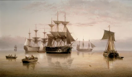 Men Of-War og annen shipping forankret i en ro